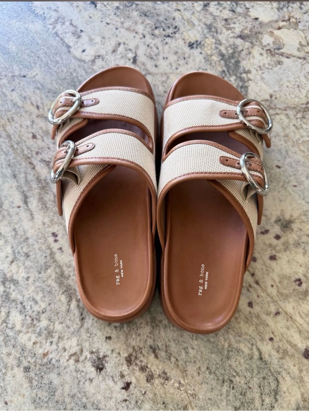 rag & bone Beige Canvas and Tan Leather Double-Buckle Slide Sandals